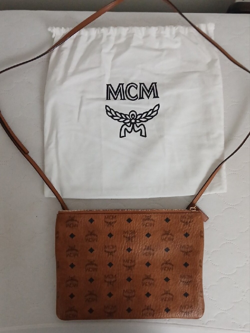 MCM Cognac Monogram Leather Crossbody Pouch - Picture 2 of 9